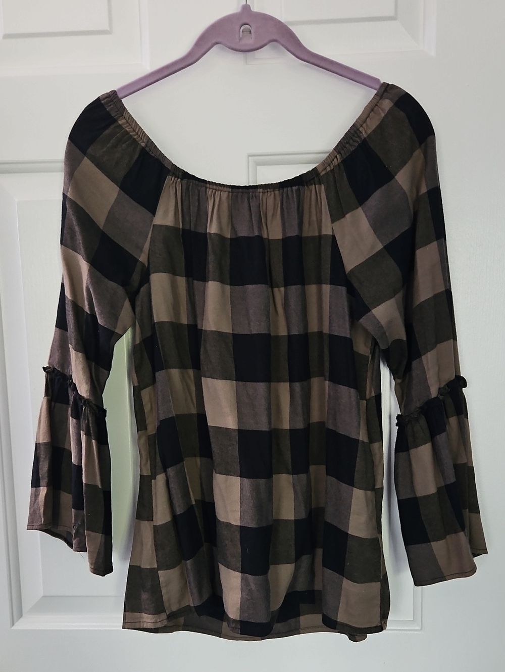 Tribal Jeans Plaid Off-Shoulder Blouse